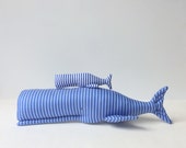 Stuffed whales, Plush Whales, animal toys. Cute nursery toys. Child friendly. Blue white stripped cloth. Great gift idea for baby shower