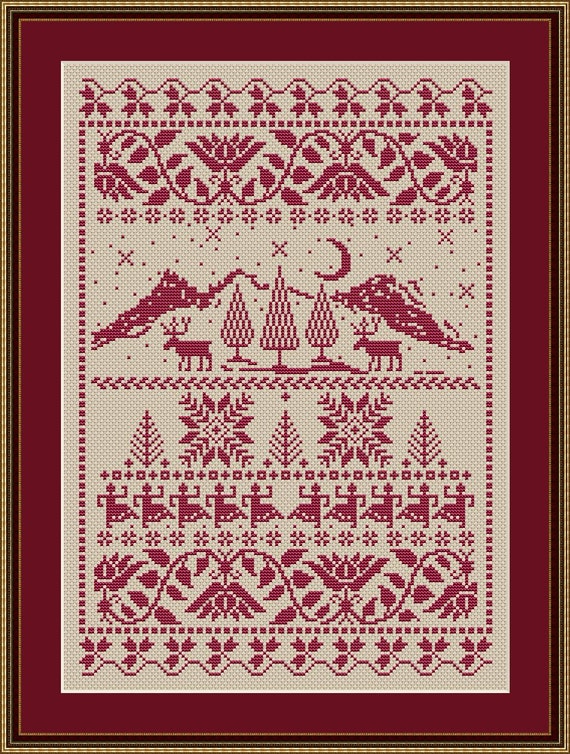 Redwork Reindeer Cross Stitch Folk Sampler PDF Chart