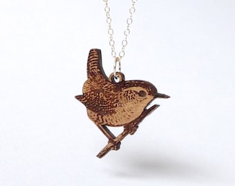 Bird Necklace, Wooden Wren Bird Necklace, Laser Cut Wood, Animal Jewellery, Laser Cut Jewellery, Gift for Her, Wooden Wren Necklace