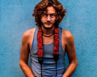 DSLR leather camera strap with traditional Guatemalan embroidery, Gift for Photographer - Paraíso (Paradise) red, orange, turquoise - PAC2