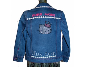 Girl's Jean Jacket (8) Purr More - Hiss Less, Upcycled Jean Jacket - from our Caraut Altered Collection of Clothing