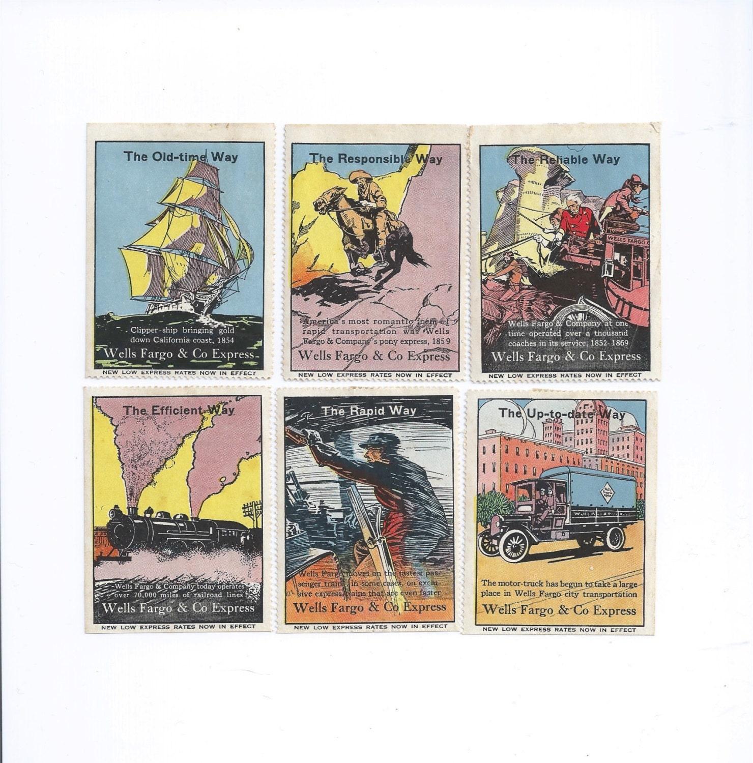 Six Original WELLS FARGO & Co Express Poster Stamps Ca