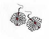 Limited edition designer earrings, modern, original design, handmade, black, lasercut wood, Swarovski crystals, surgical steel, polymer clay