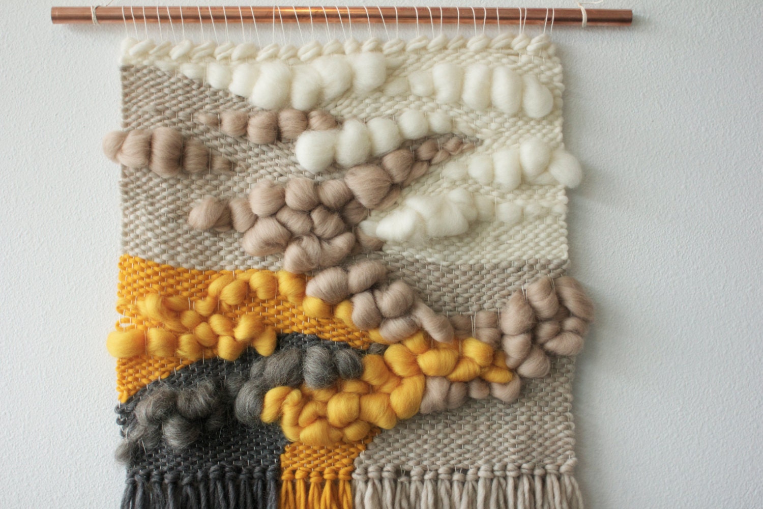Woven Wall Hanging with Roving Wool and Wool Yarns on 5/8