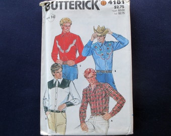 1980s Mens Western Shirt with Transfer Uncut Vintage Pattern, Butterick 4181, Chest 42, Neck 16