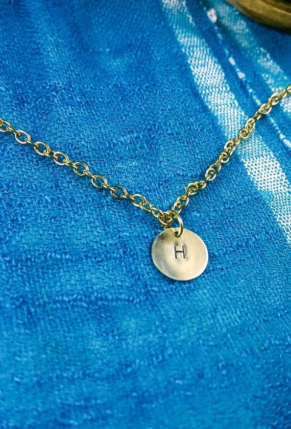 Hand Stamped Brass Initial Necklace // Small Gold Circle Initial Necklace