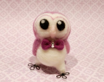 Needle Felted Owl with Bow, Felt Owl, Felted Miniature Owl