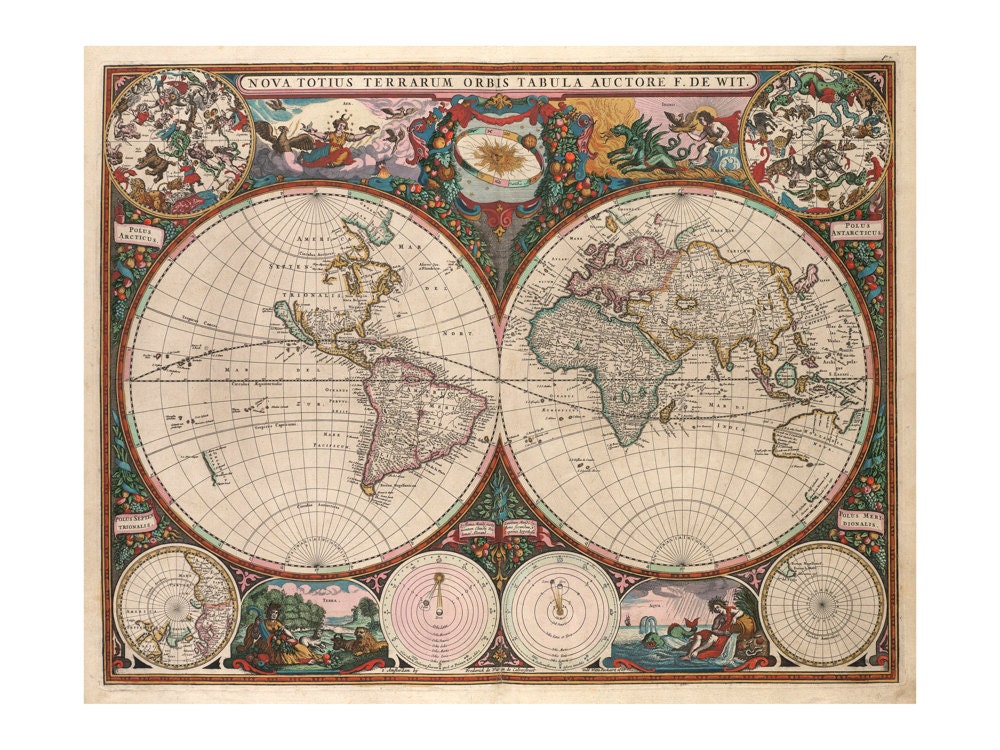 De Wit's Map of the World Antique Wall Decor Vintage