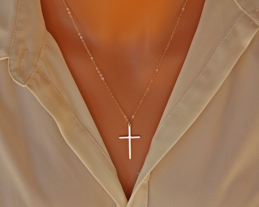 Elegant Cross necklace 14K gold filled long large skinny