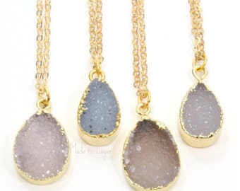 Druzy Necklace Small Raw Shape Geode Druzy Necklace | Gold Filled Tear Drop Shape Geode | Boho Bohemian Layered Layering