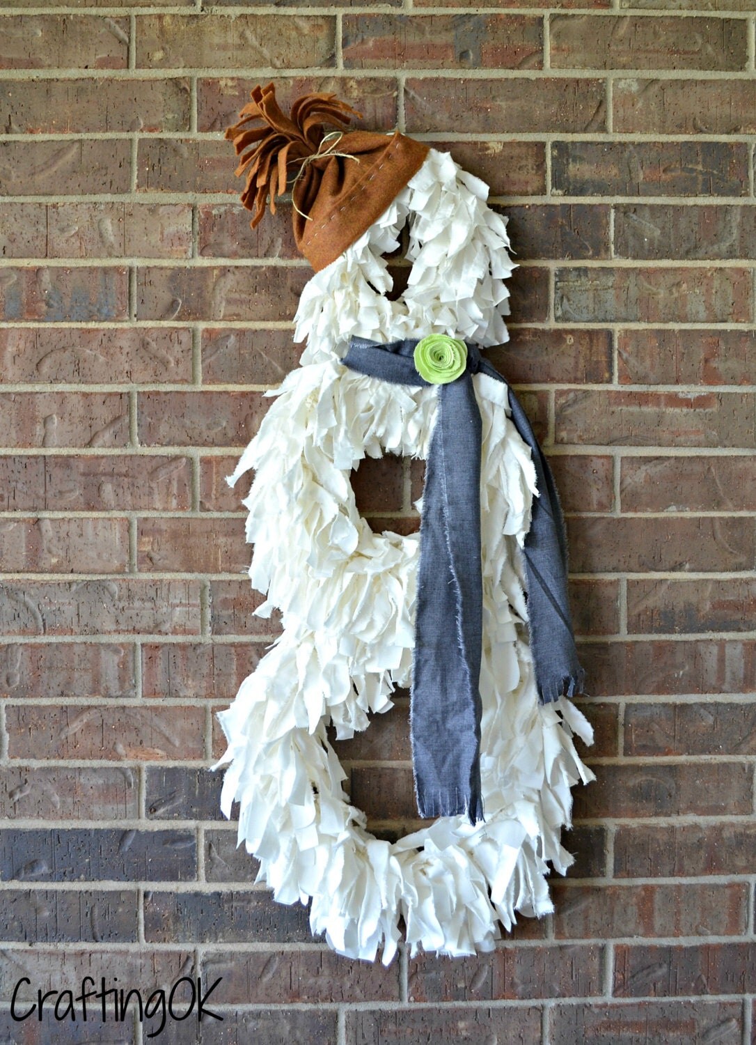 Rustic Shabby Chic Snowman Rag Wreath with Felt Hat and Fabric Scarf