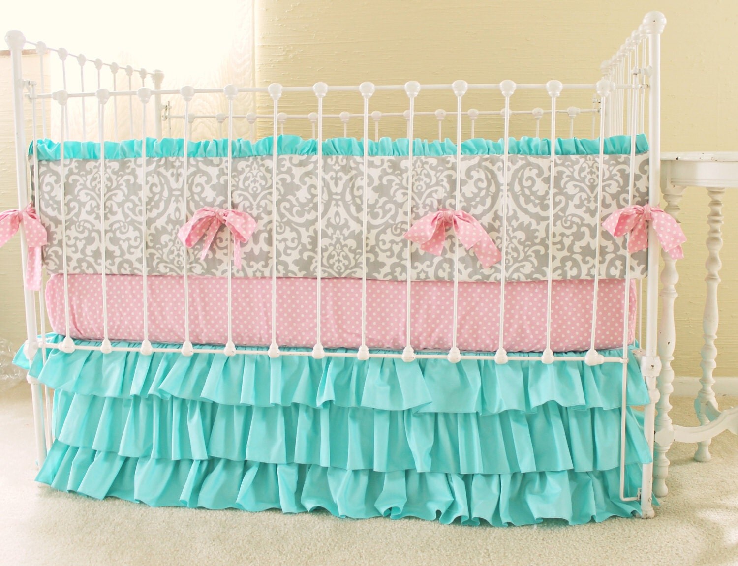 Darling Damask Ruffle Crib Bedding Turquoise & by LottieDaBaby