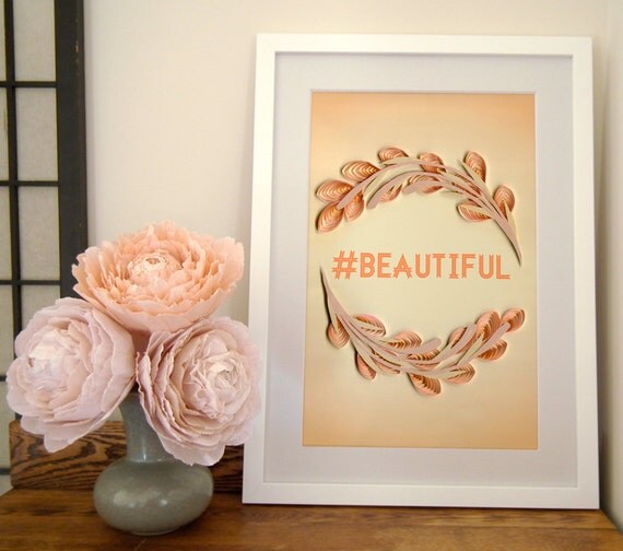 Items similar to Hashtag Beautiful paper art print, hashtag wall art