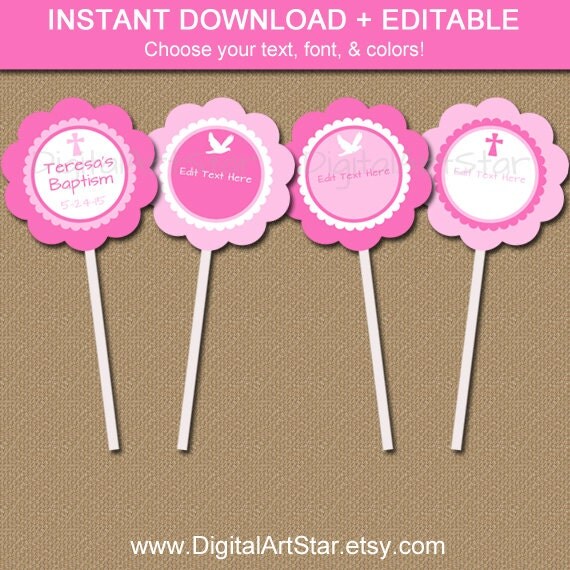 Christening Cupcake Toppers EDITABLE Printable by digitalartstar