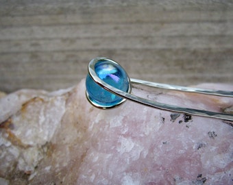 Hair Fork in Nickel Silver with Light Blue glass - Your CHOICE of Length - Handcrafted Hair Pin - Hair Stick - Long Hair Accessory