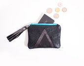 Black Leather Purse // Art Deco // Zipper Coin Pouch // Iphone Bag // Metallic Geometrics // Birthday Gift