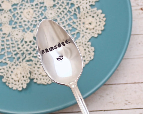 Namaste Coffee Spoon - Tea Cereal Breakfast - Hand Stamped - Coffee Lover Stir Stick - Vintage Silver Plated Silverware - Gift