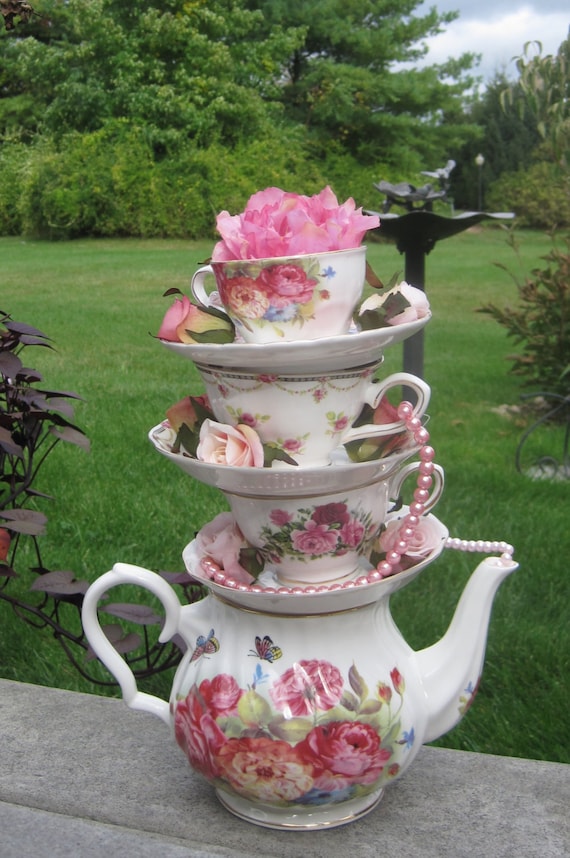 Items similar to TALL Stacked Floral Teapot & Teacup ...