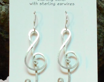 Hammered Sterling Silver Treble Clef Earrings - from small to large - & Sterling Silver Ear Wires, Organic Modern Earrings, Musical Notes