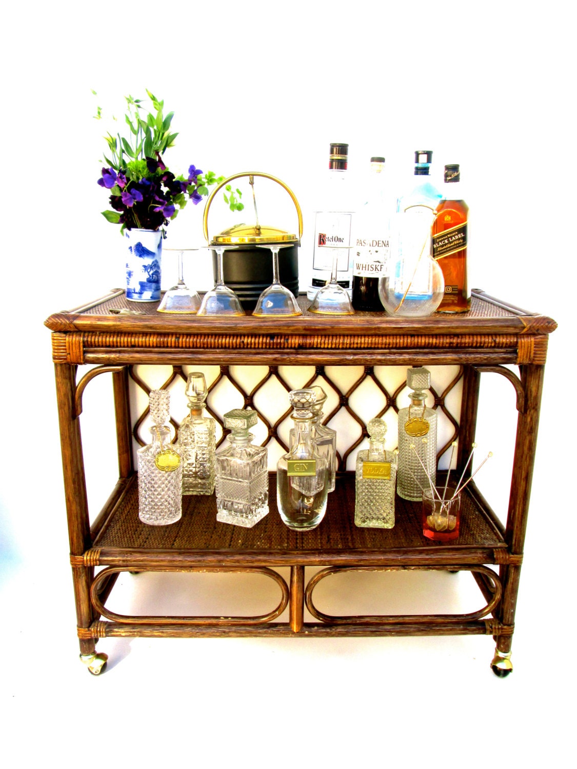 Vtg Natural Rattan Portable Console / Bar Cart Quatrefoil Lattice Details Caster Wheels