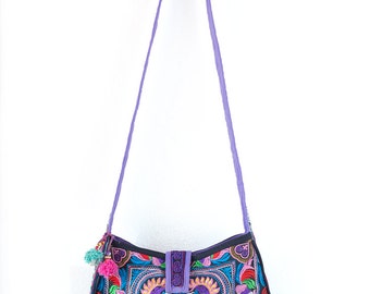 Colorful Bird Hill Tribe Crossbody Bag Hmong Embroidered Large Size Thai Fair Trade (BG303CBLS)