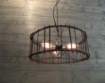 Industrial Chandelier 17" Diameter Lighting Rustic Brown Steel Cage - Repurposed Industrial Metal Ceiling Fixture - Hanging or Flush Mount