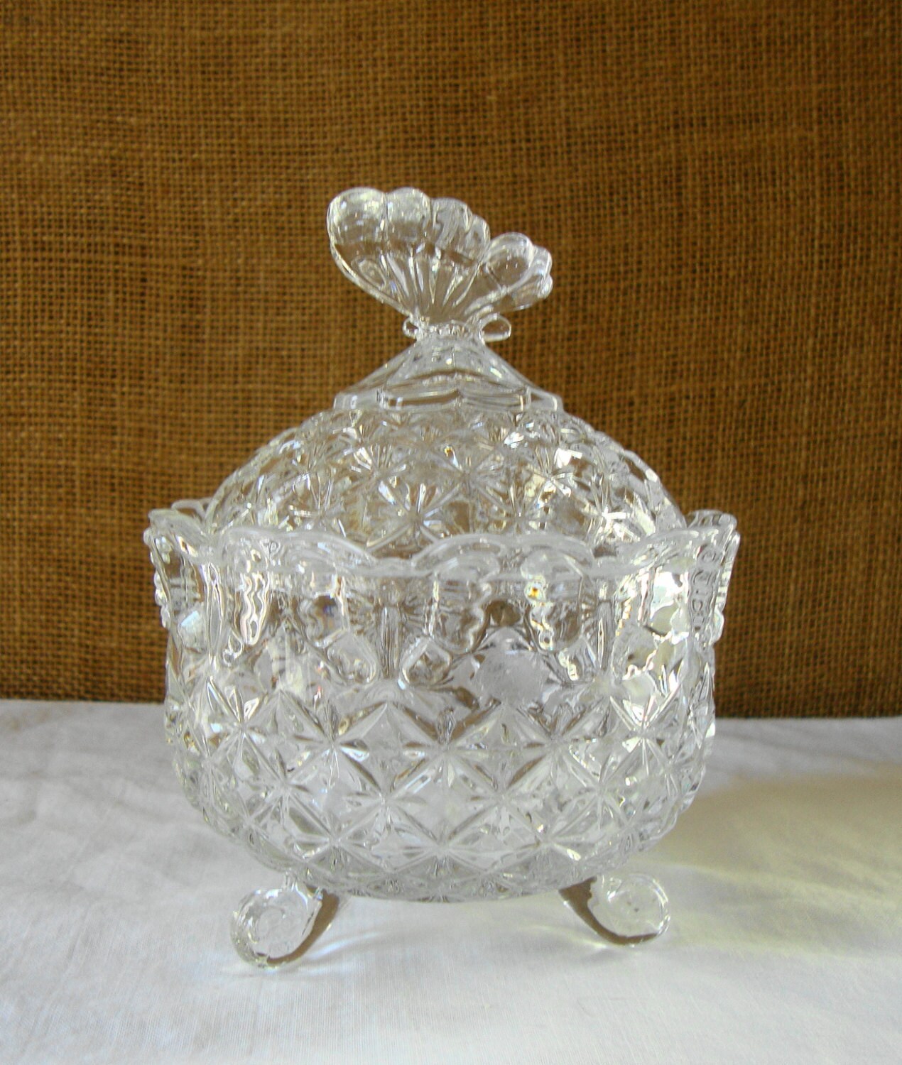 VINTAGE CRYSTAL BUTTERFLY Covered Dish Sugar Bowl Candy Dish