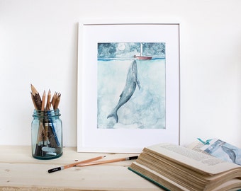 Heart of the Sea - Watercolor whale illustration print. Whale art, Beach decor, Whale nursery. Humpback whale.