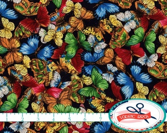 COLORFUL BUTTERFLY Fabric by the Yard, Fat Quarter BUTTERFLIES Fabric Black Fabric Quilting Fabric Apparel Fabric 100% Cotton Fabric t3-15