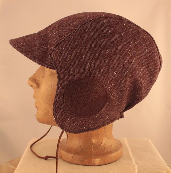 Cycling Cap. Winter. Burgundy Wool. Burgundy Leather. Ear flaps. Floral
