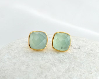 Gemstone Earring, Silver Stud Earring, Aqua Chalcedony Cushion 9mm Micron Gold Plated 925 Sterling Silver Stud Earrings - #1596
