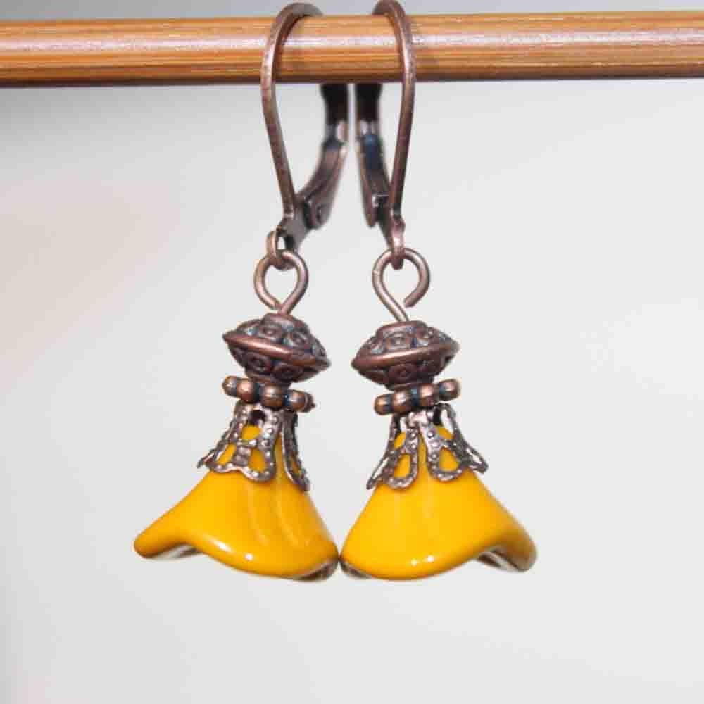 Yellow Mustard Earrings Copper Earrings Czech Glass Earrings