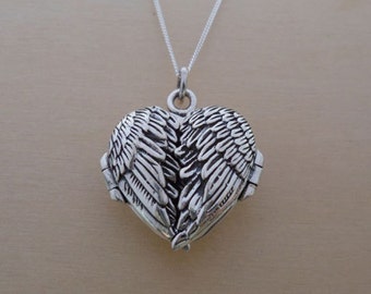 925 Sterling Silver HEART Locket Angel Wings Pendant on 16", 18" or 20" Sterling Silver Curb Chain