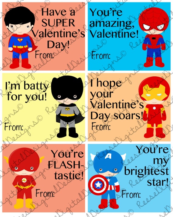 Printable Valentine's Day Cards Super Hero by ReeseDigitalDesigns