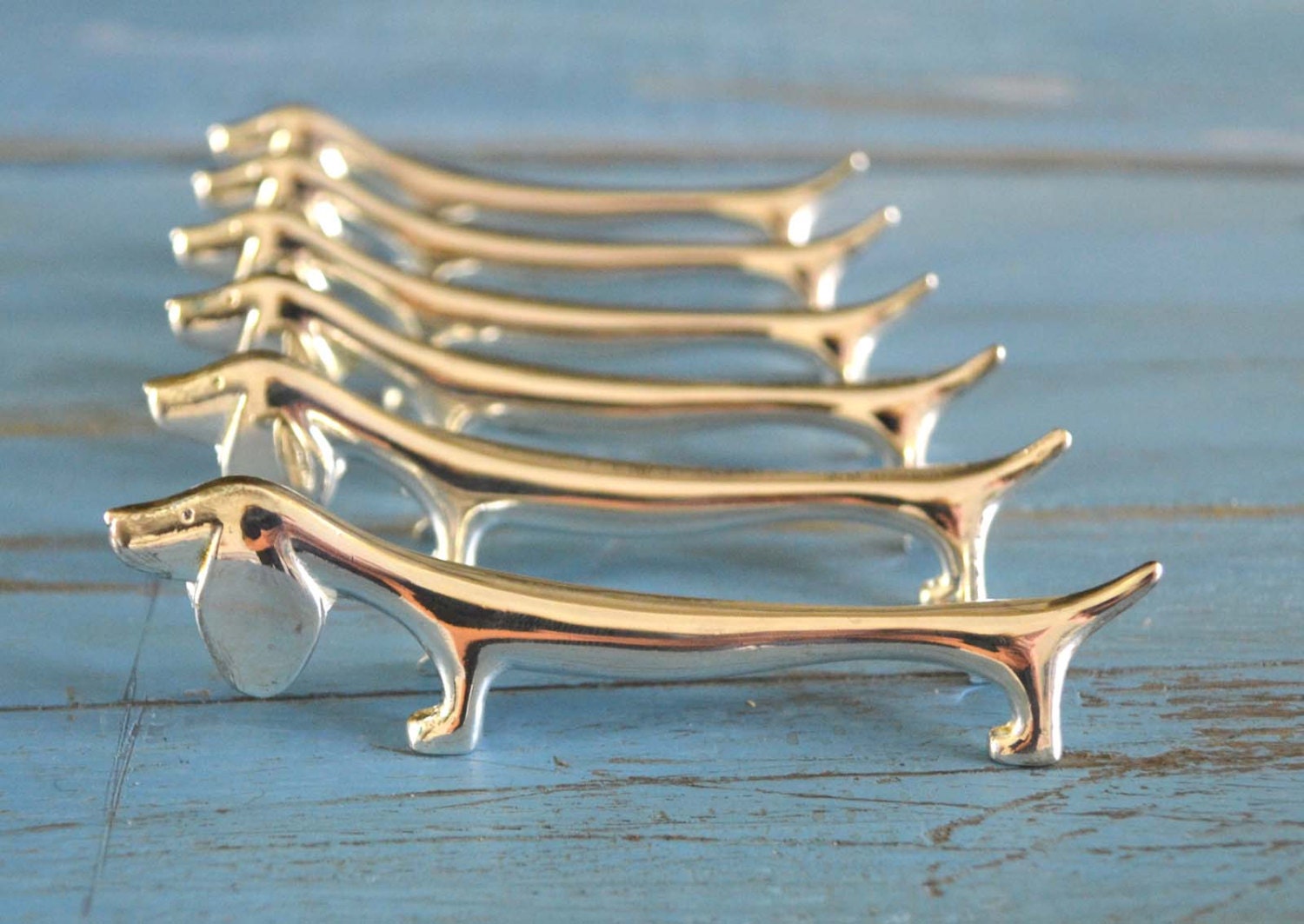 Set of 6 Vintage French Silver Plated Dachshund Teckel Dog Knife Rests