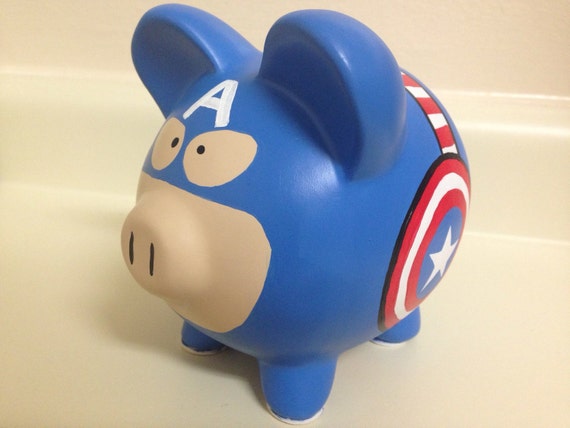 Captain America Painted Ceramic Piggy Bank Medium