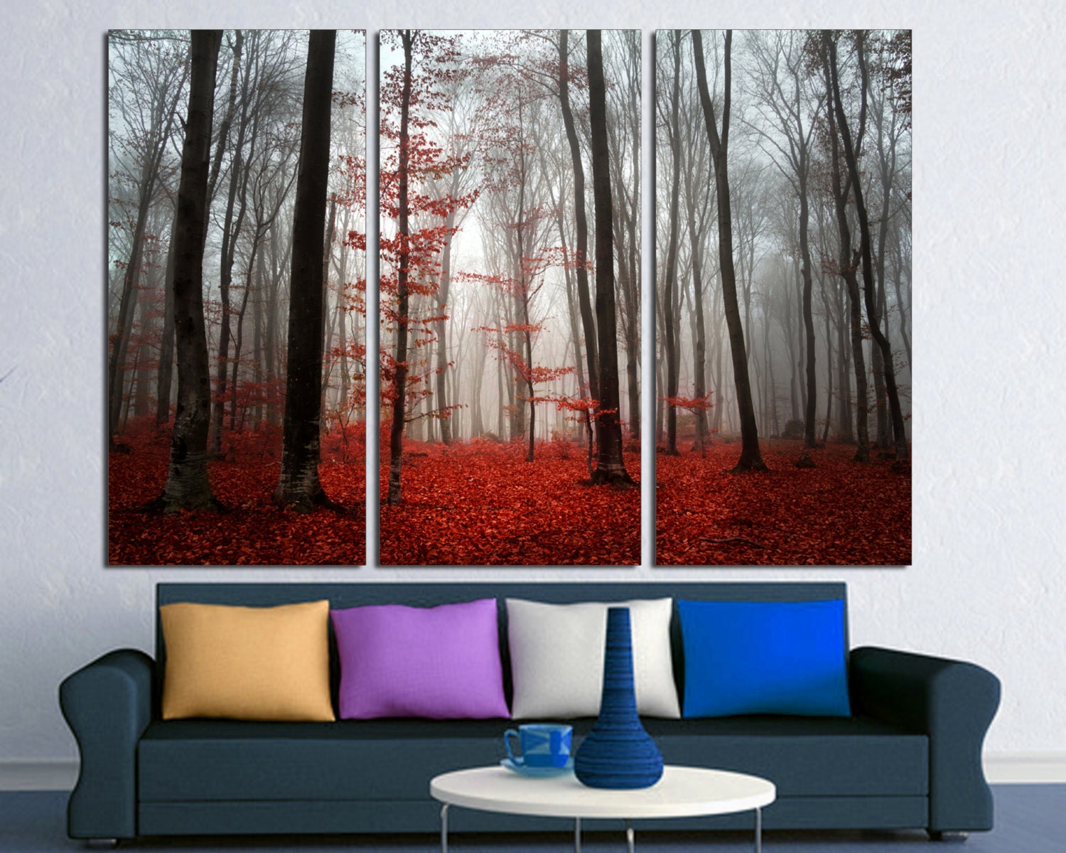 Red Leaves Forest Trees Mist 3 Panel Split Triptych Canvas