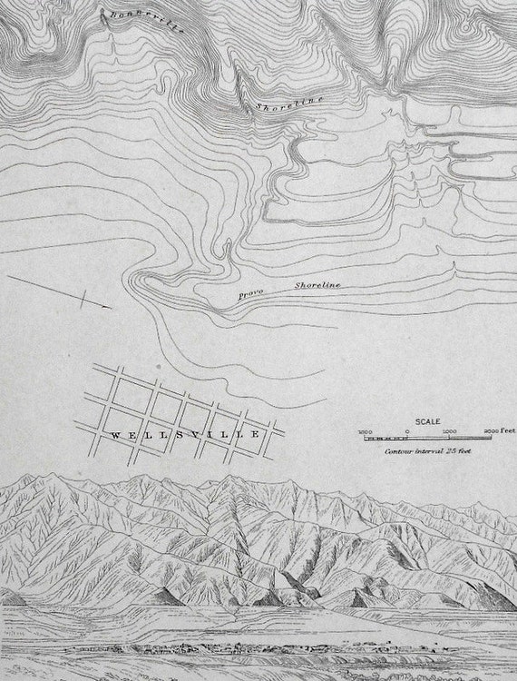 1908 Map: Wellsville Utah. Shore Terraces and Bars of Ancient