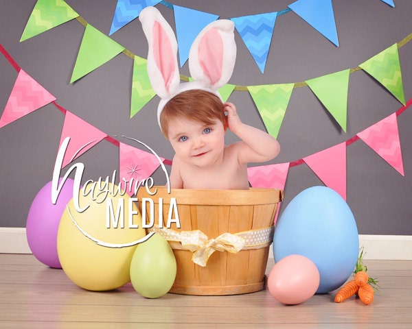 Easter Photo Prop Video Baby, Toddler, Child, Easter Basket Photography Digital Backdrop Background Prop with Eggs for Photographers - With PNG Coverup Layer