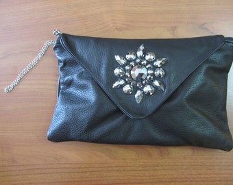 clutch - hand bag - pochette - soft black real leather with cabochon ...