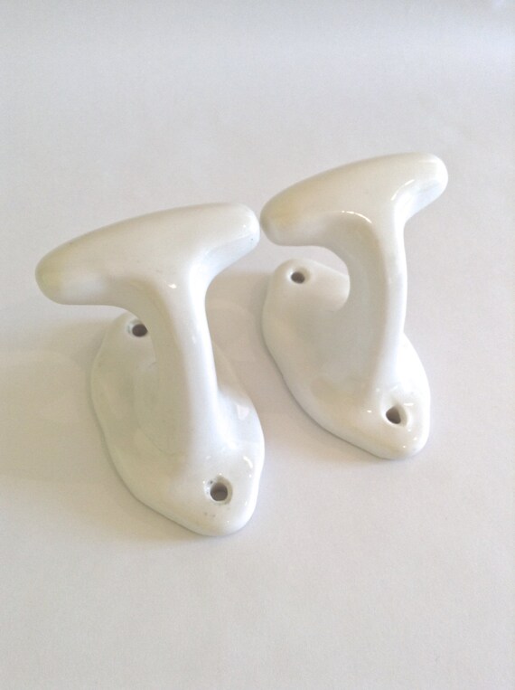 French vintage white porcelain towel hooks / coat hooks