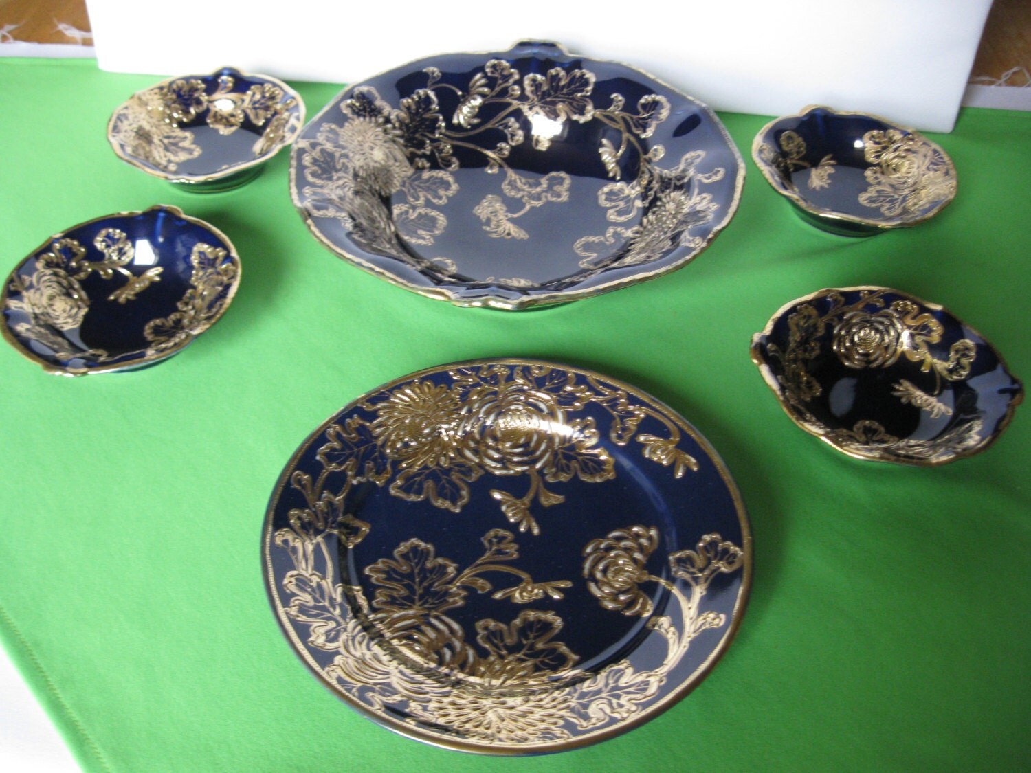 Nippon China Cobalt Blue Raised Gold Flowers Berry Bowls