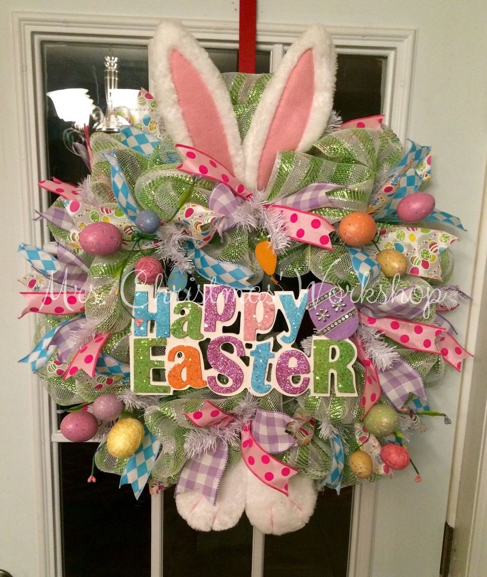 RESERVED FOR REBECCA Deco Mesh Easter Bunny Wreath With Bunny