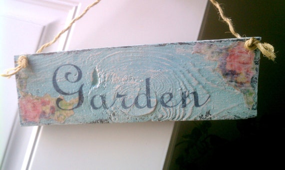 Garden Sign Romantic Cottage Aqua Blue Floral Sign with Roses Shabby Chic