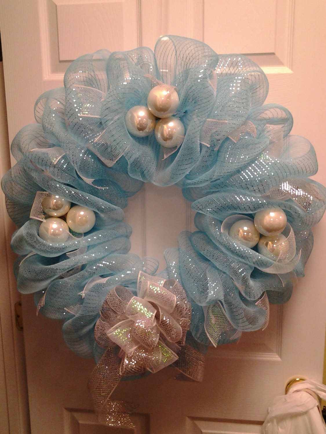 Blue & White Holiday Deco Mesh Wreath