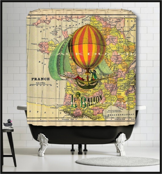 French Hot Air Balloon on Antique France Map Shower Curtain - Orange Dirigibles airships France map shower curtain