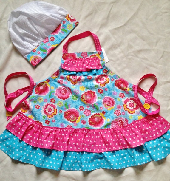 SALE Summery Girls Apron with Chef Hat Pink Child Apron