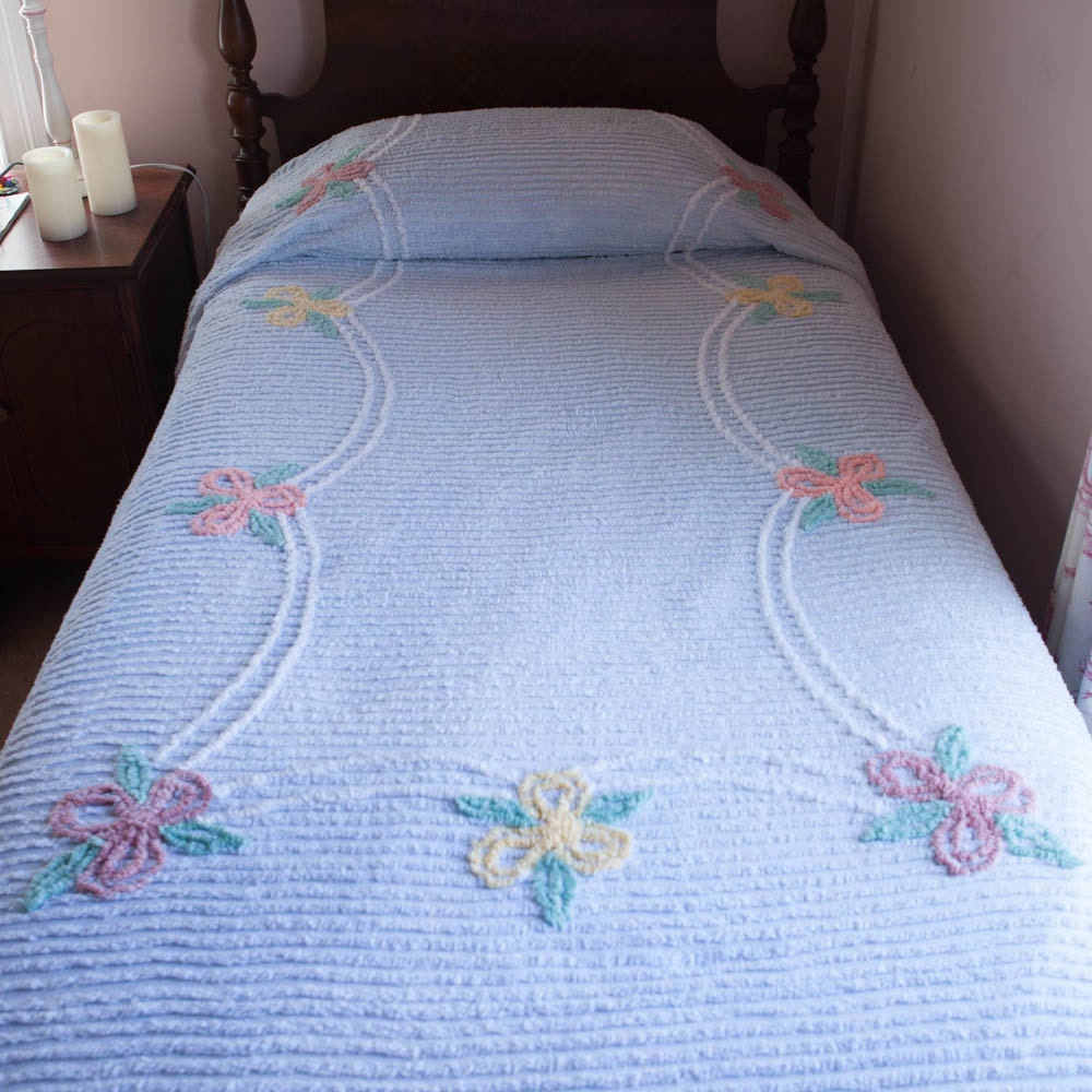 Chenille Blue Twin Bedspread 1950s with Ribbon Design Vintage