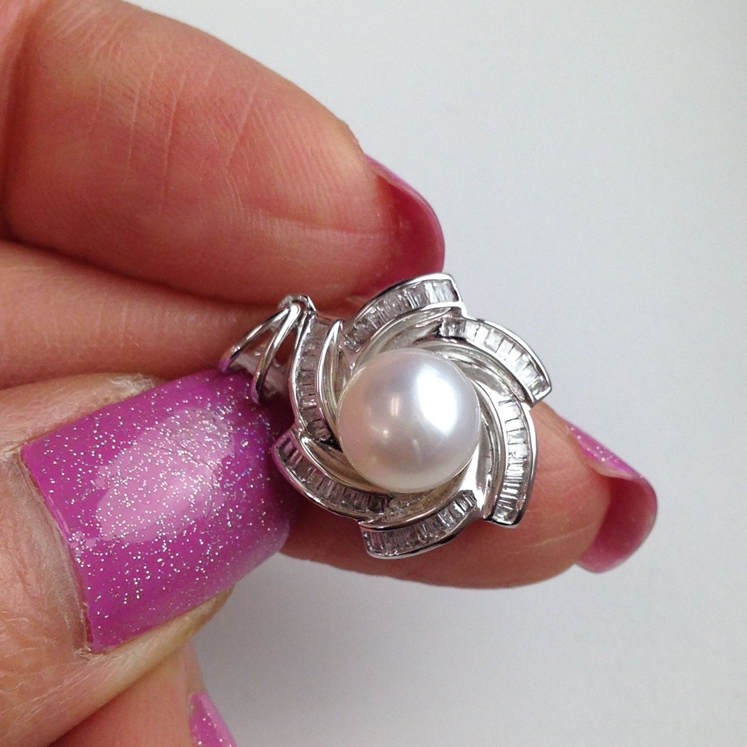 Large Pearl Pendant with Baguette Diamonds by LuxinelleJewelry