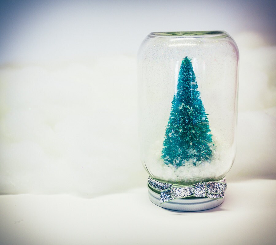 Teal Glitter Tree Christmas Dry Snowglobe Pint Jar Sparkly Simple Silver Waterless Snowy Holiday Decor